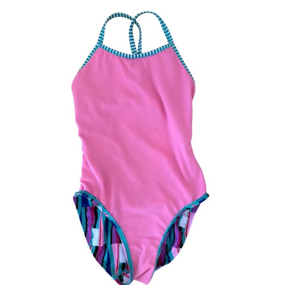 SIZE 28 Dolohin Uglies String Back Geometric Print Pink Green One Piece Swimsuit - Picture 7 of 8